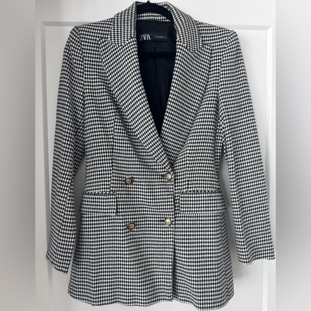Zara Women's Black and White Houndstooth Blazer